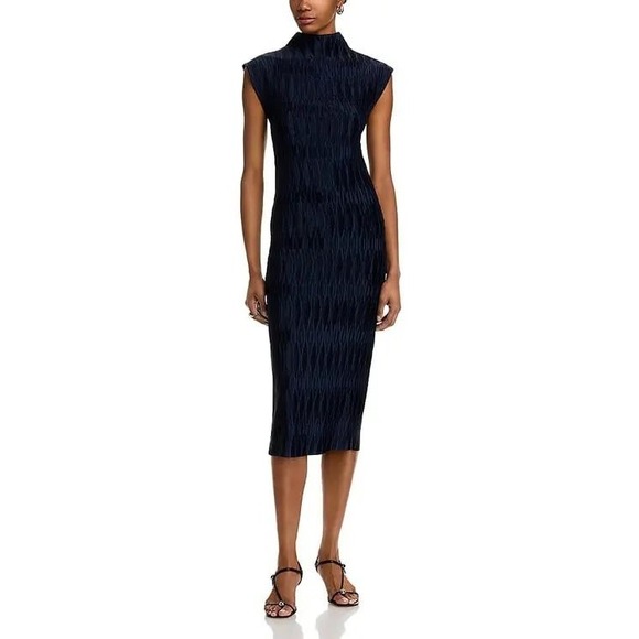 Veronica Beard Gramercy Pleated Dress Small Mock Neck Navy Blue Textured Midi - Picture 1 of 12